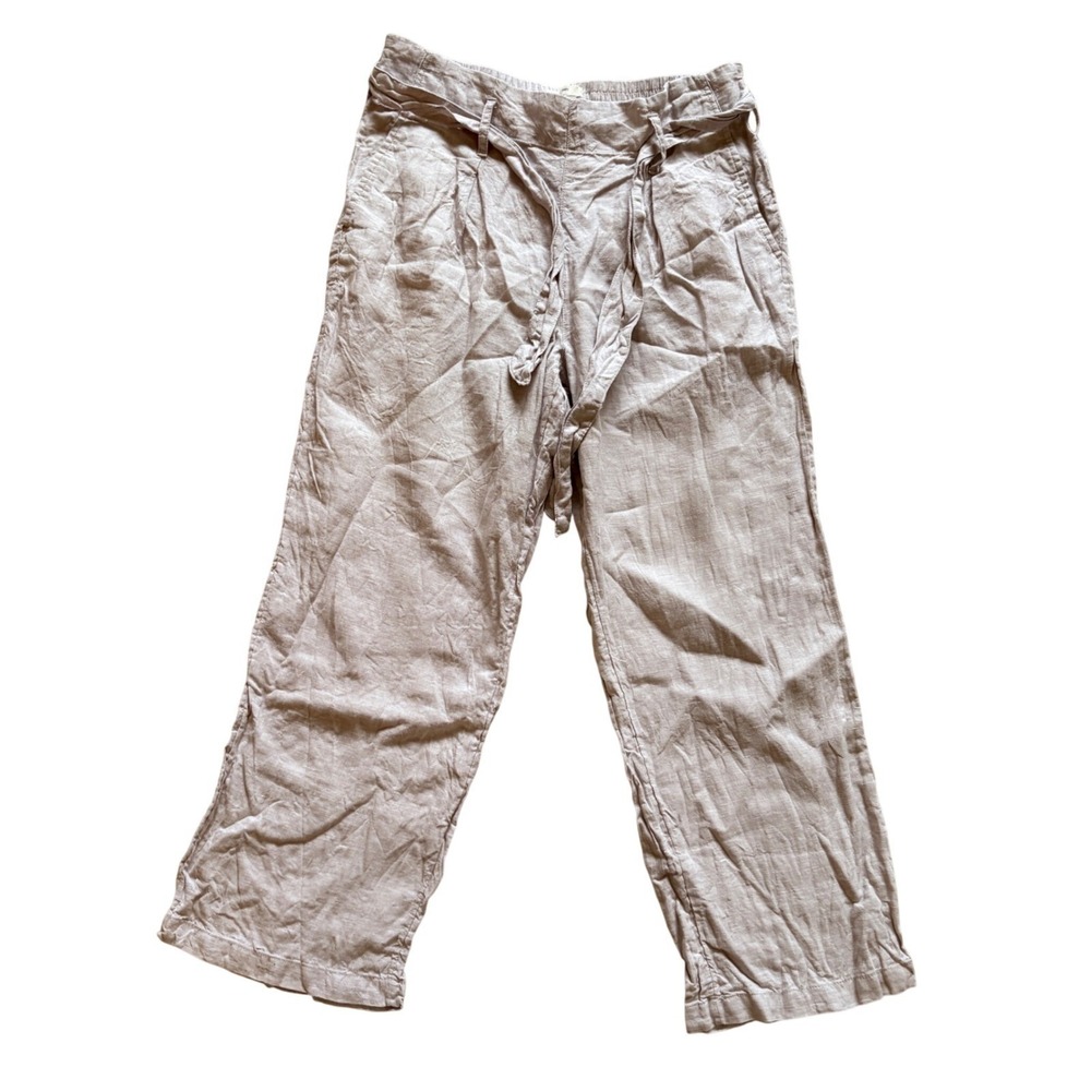 Nicole Miller New York 100% Linen Wide Leg Pants Taupe Beige Small Tie Waist